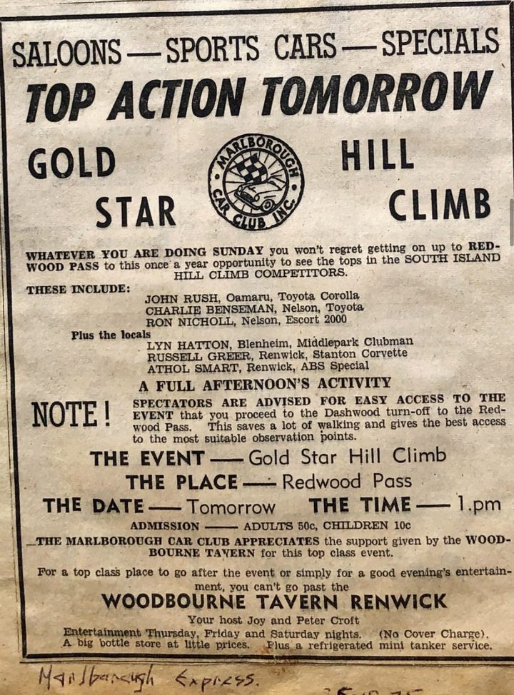Newspaper advertisement: Saloons, sports cars, specials. Top action tomorrow. Gold Star Hill Climb, Redwood Pass, Marlborough Car Club
