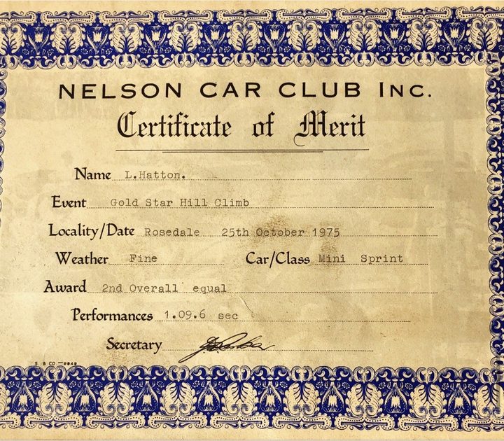 Nelson Car Club Certificate of Merit: L. Hatton, Gold Star Hill Climb, Rosedale, 25 October 1975, Mini Sprint, 2nd overall equal, 1.09.6 sec