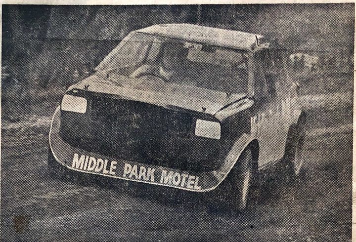 Lyn Hatton sliding the Middle Park Motel Mini Sprint at Craigmore, April 1976