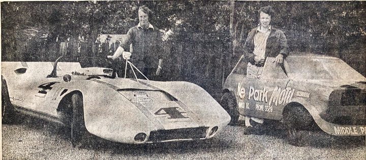 Russell Greer with his Stanton Corvette and Lyn Hatton with his new Mini Sprint, October 1975
