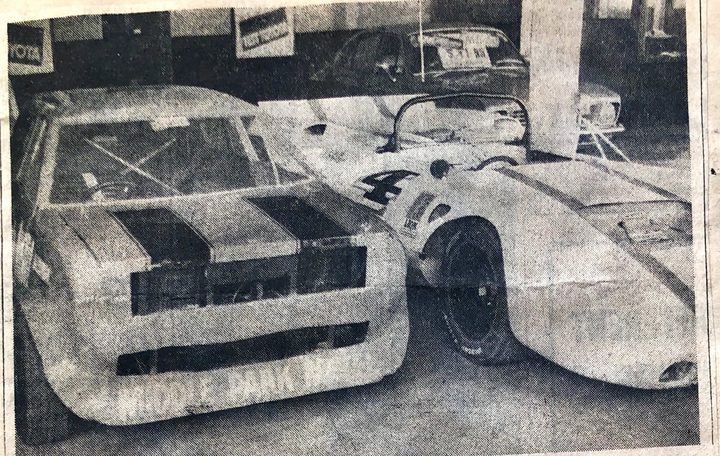 The Stanton Corvette and Lyn Hatton's Mini Sprint on display at Leslie Motors, Oamaru