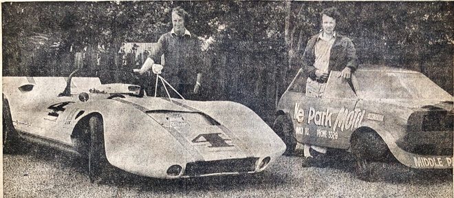 Russell Greer and Lyn Hatton with their cars, October 1975