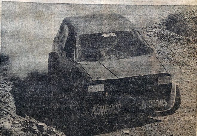 The red Mini Sprint at Redwood Pass, 1976