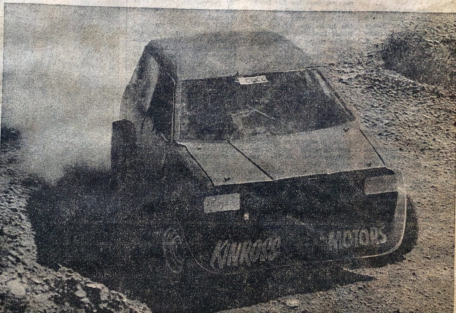 The red Kinross Motors Mini Sprint at Redwood Pass, October 1976