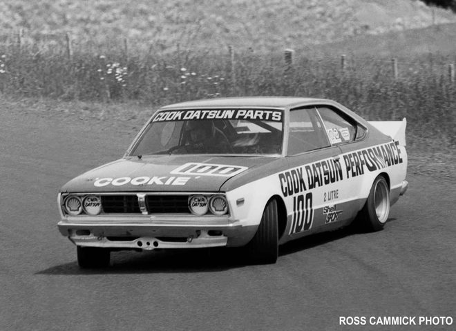 Reg Cook's Datsun #100 in Cook Datsun Performance colours with COOKIE on the bonnet