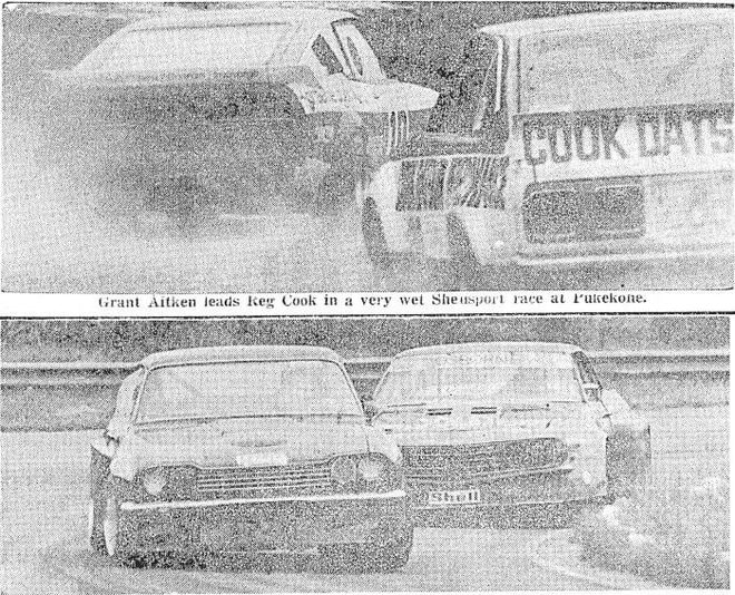 Newspaper photos: Grant Aitken leads Reg Cook in a very wet Shellsport race at Pukekohe