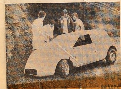 Newspaper photo: Ash McKenzie's Mini Sprint crumpled after going airborne at Redwood Pass, October 1974