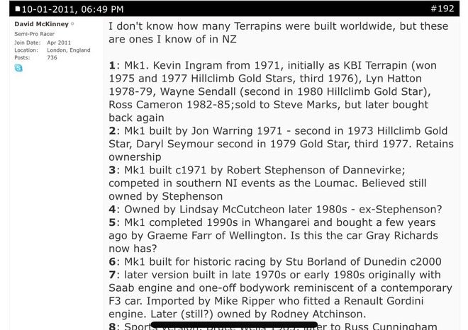 Forum post listing New Zealand Terrapins, with Kevin Ingram's Mk1 later owned by Lyn Hatton